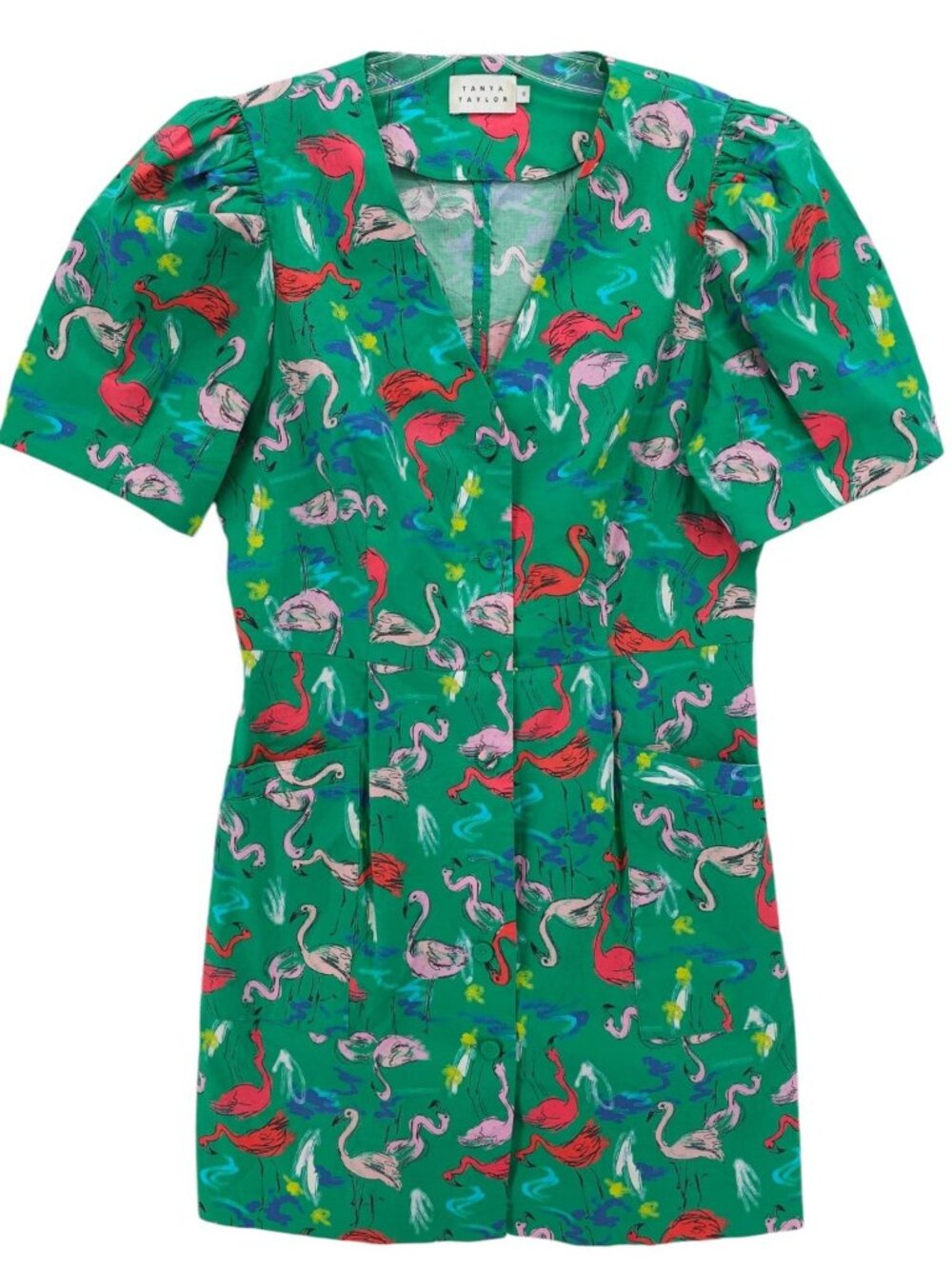 TANYA TAYLOR Augustine Mini Dress Flamingo Print Green Pink Red Puff Sleeve Sz 8